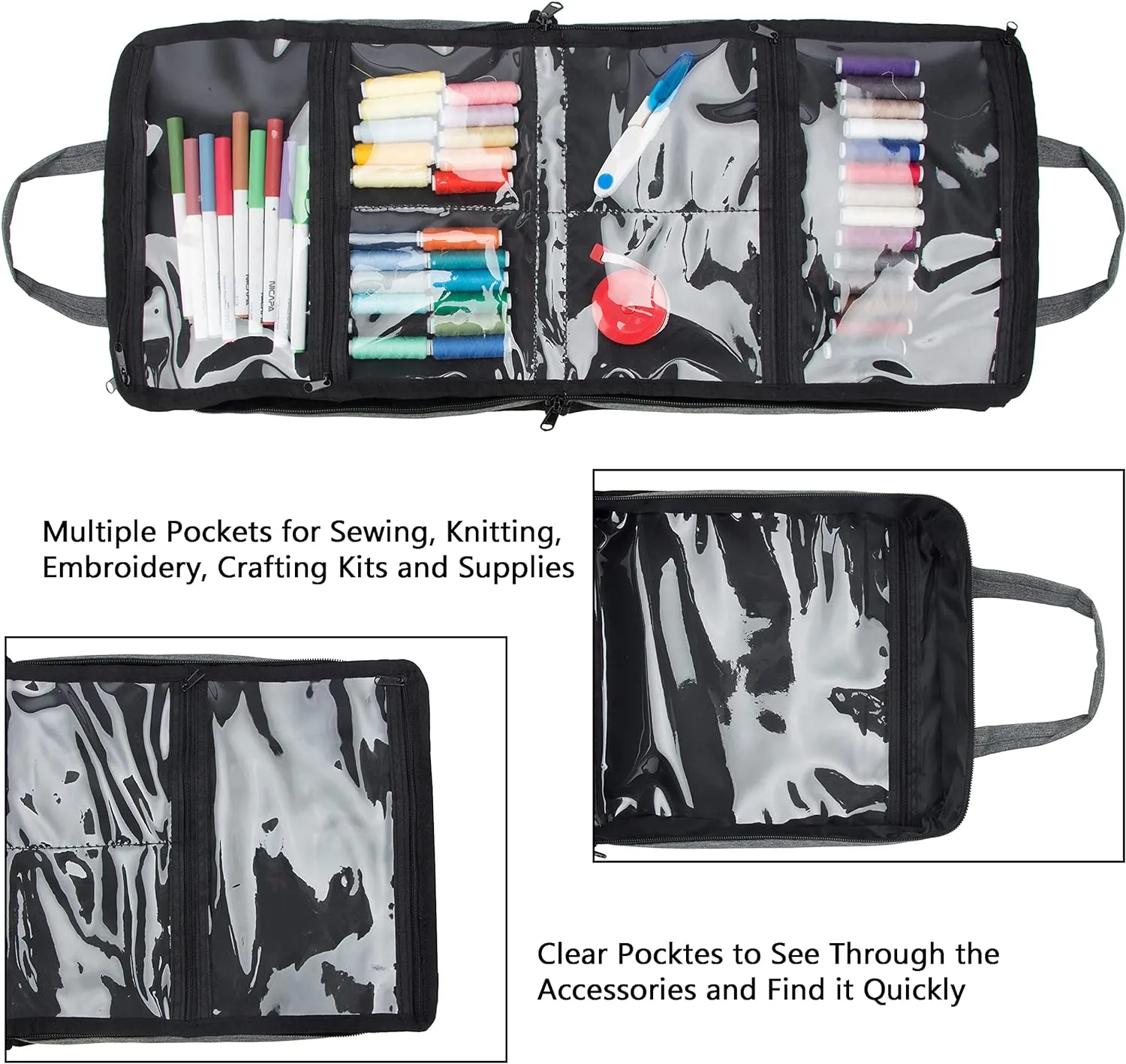 PACMAXI Sewing Accessories Storage Bag, Knitting, Craft Tools and Accessories Organizer, Roomy Carrying Bag for Sewing Tools and Accessories(Grey)