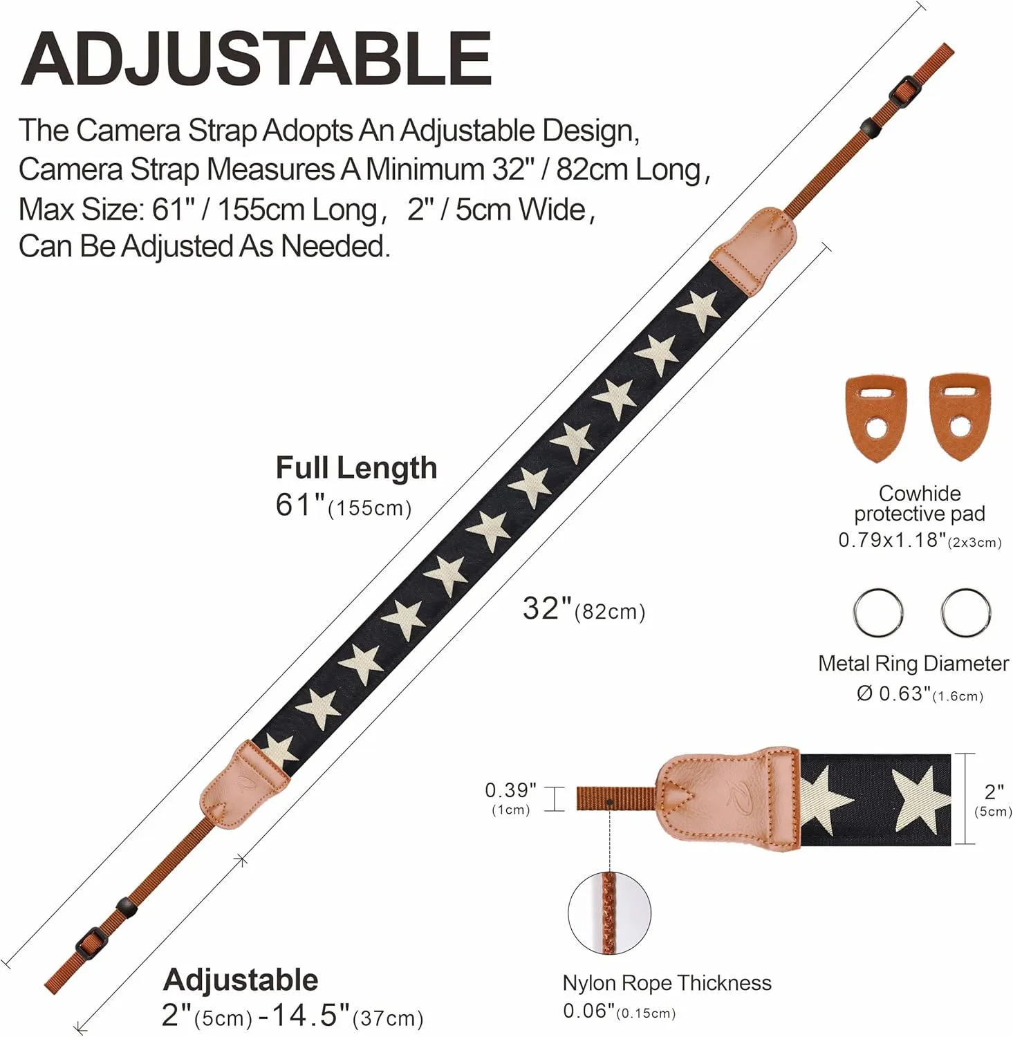 Padwa Lifestyle Pentagram Embroidered Camera Strap - Double Layer Cowhide Ends,2" Cotton Woven Camera Straps, Adjustable Vintage Neck & Shoulder Strap for All DSLR Cameras,Great Gift for Photographers