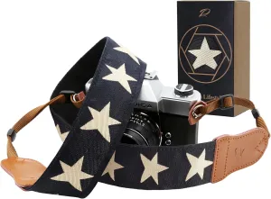 Padwa Lifestyle Pentagram Embroidered Camera Strap - Double Layer Cowhide Ends,2" Cotton Woven Camera Straps, Adjustable Vintage Neck & Shoulder Strap for All DSLR Cameras,Great Gift for Photographers