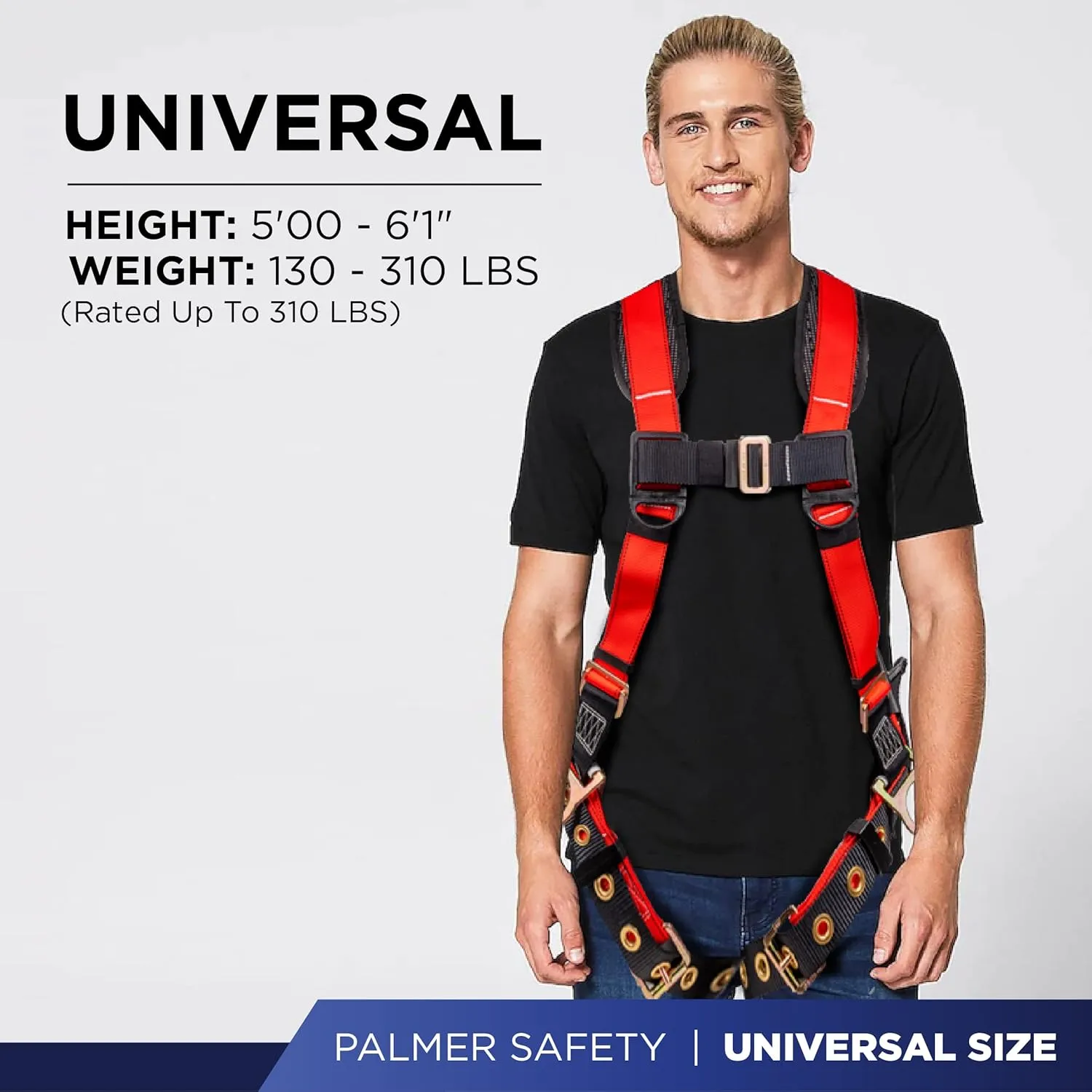 Palmer Safety Full Body Harness with 5 Point Adjustment, Dorsal D-ring, Grommet Legs, Two Side D Rings, and Fall Indicators