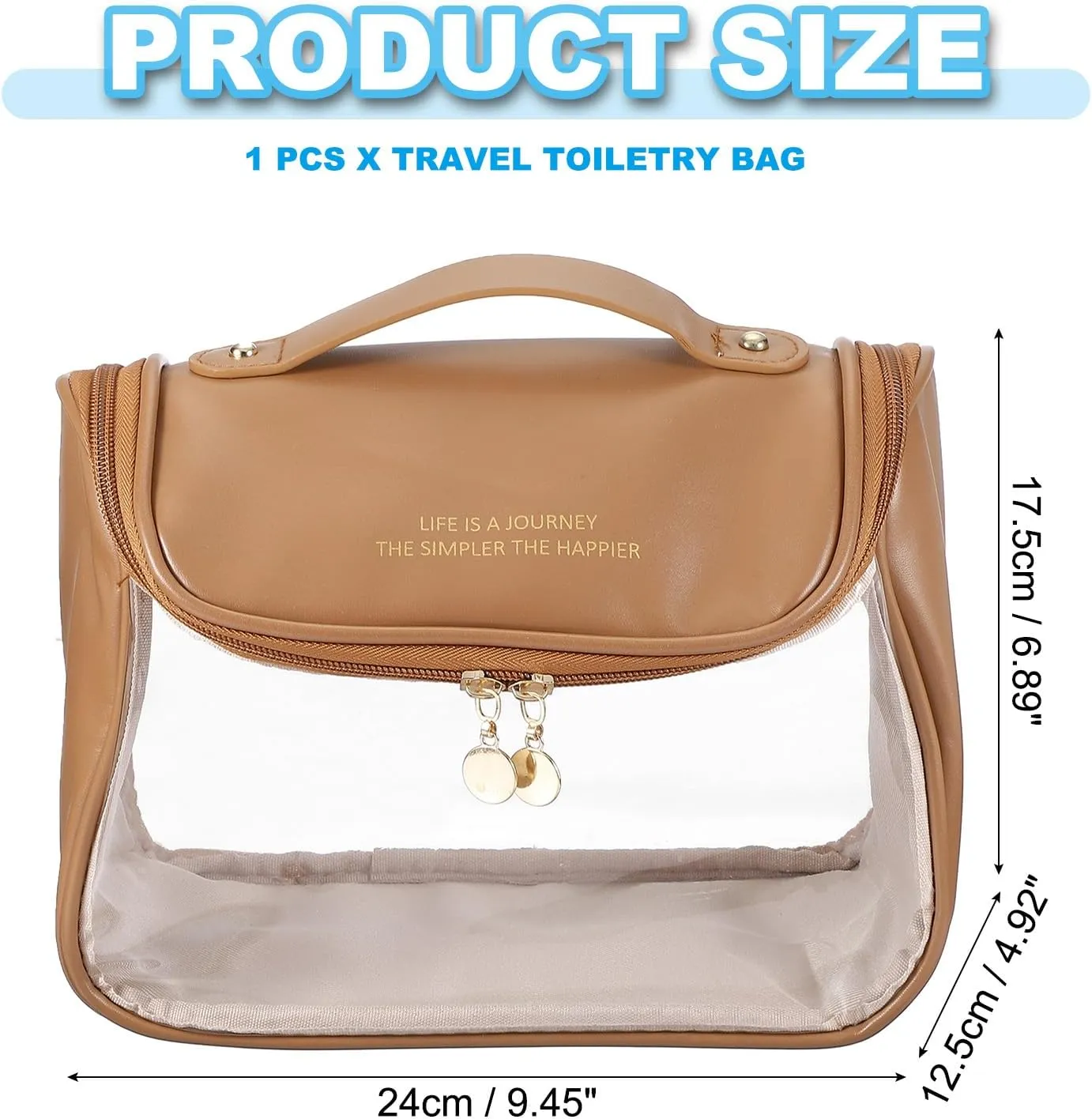 PATIKIL Hanging Clear Toiletry Bag, Waterproof Makeup Bag Travel Cosmetic Organizer Pouch Large Capacity Portable Tote Storage Bag with Zipper Handle Strap for Women Men, Brown