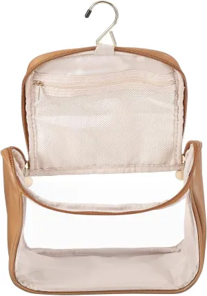 PATIKIL Hanging Clear Toiletry Bag, Waterproof Makeup Bag Travel Cosmetic Organizer Pouch Large Capacity Portable Tote Storage Bag with Zipper Handle Strap for Women Men, Brown