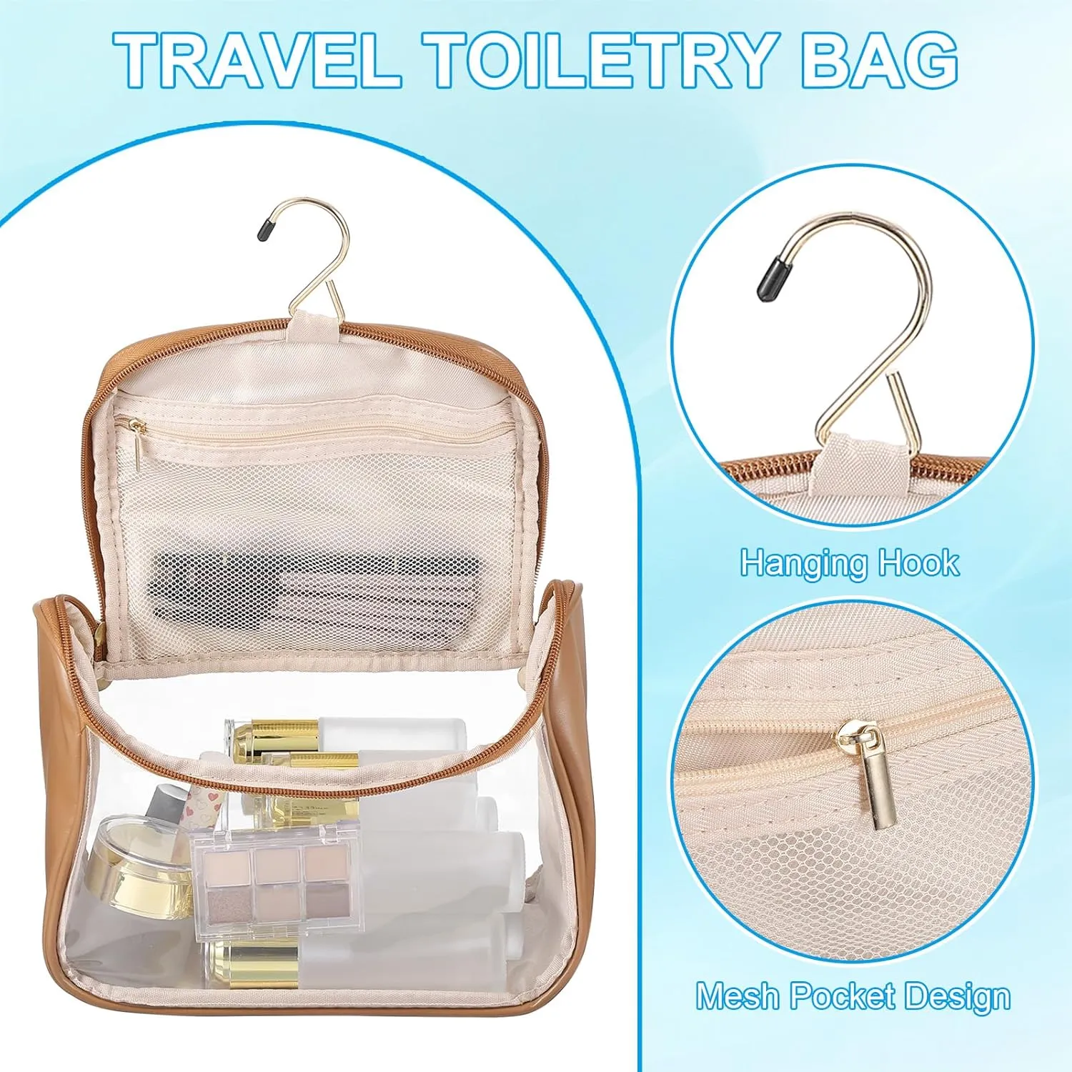 PATIKIL Hanging Clear Toiletry Bag, Waterproof Makeup Bag Travel Cosmetic Organizer Pouch Large Capacity Portable Tote Storage Bag with Zipper Handle Strap for Women Men, Brown