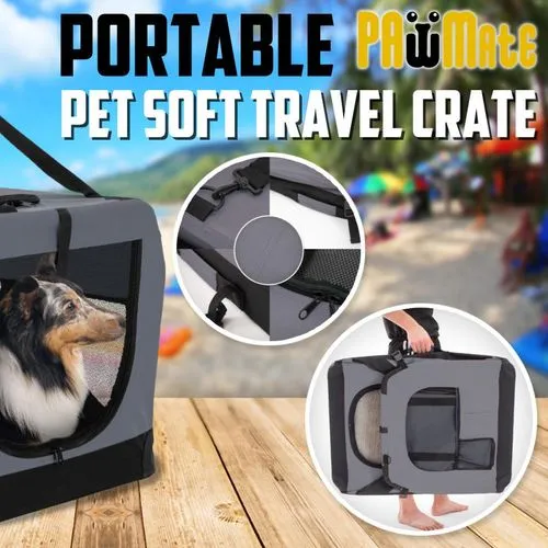 Paw Mate - Portable Soft Dog Cage Crate Carrier - Grey - L