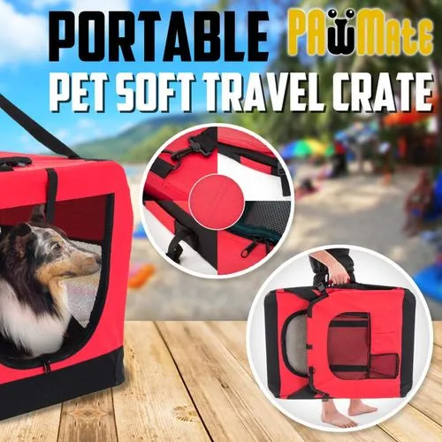 Paw Mate - Portable Soft Dog Cage Crate Carrier - Red - Large