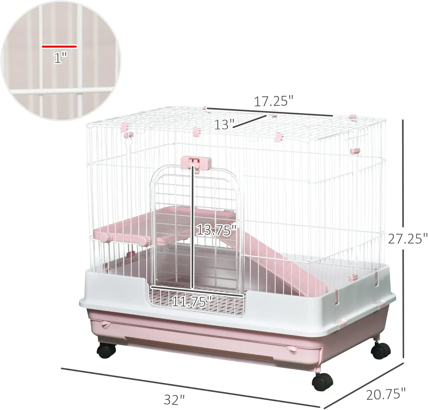 PawHut 2-Level Small Animal Cage Rabbit Hutch with Wheels, Removable Tray, Platform and Ramp for Bunny, Chinchillas, Ferret, Pink