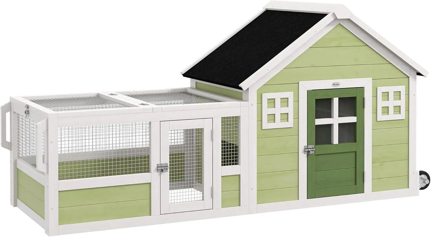 PawHut Rabbit Hutch, Outdoor Rabbit Cage or Guinea Pig Cage with Asphalt Roof, Handle, Wheels, 64 Inch Wooden Bunny Cage for Small Animals, Multicolor