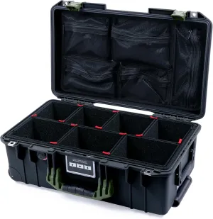 Pelican Air 1535 Carry-on Case by ColorCase - Black - Medium Size Waterproof Case with TrekPak Divider System & Mesh Lid Organizer - OD Green Handles & Latches