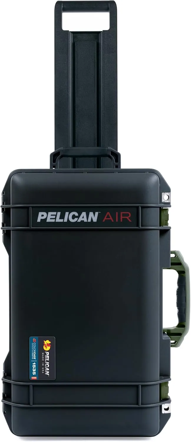 Pelican Air 1535 Carry-on Case by ColorCase - Black - Medium Size Waterproof Case with TrekPak Divider System & Mesh Lid Organizer - OD Green Handles & Latches