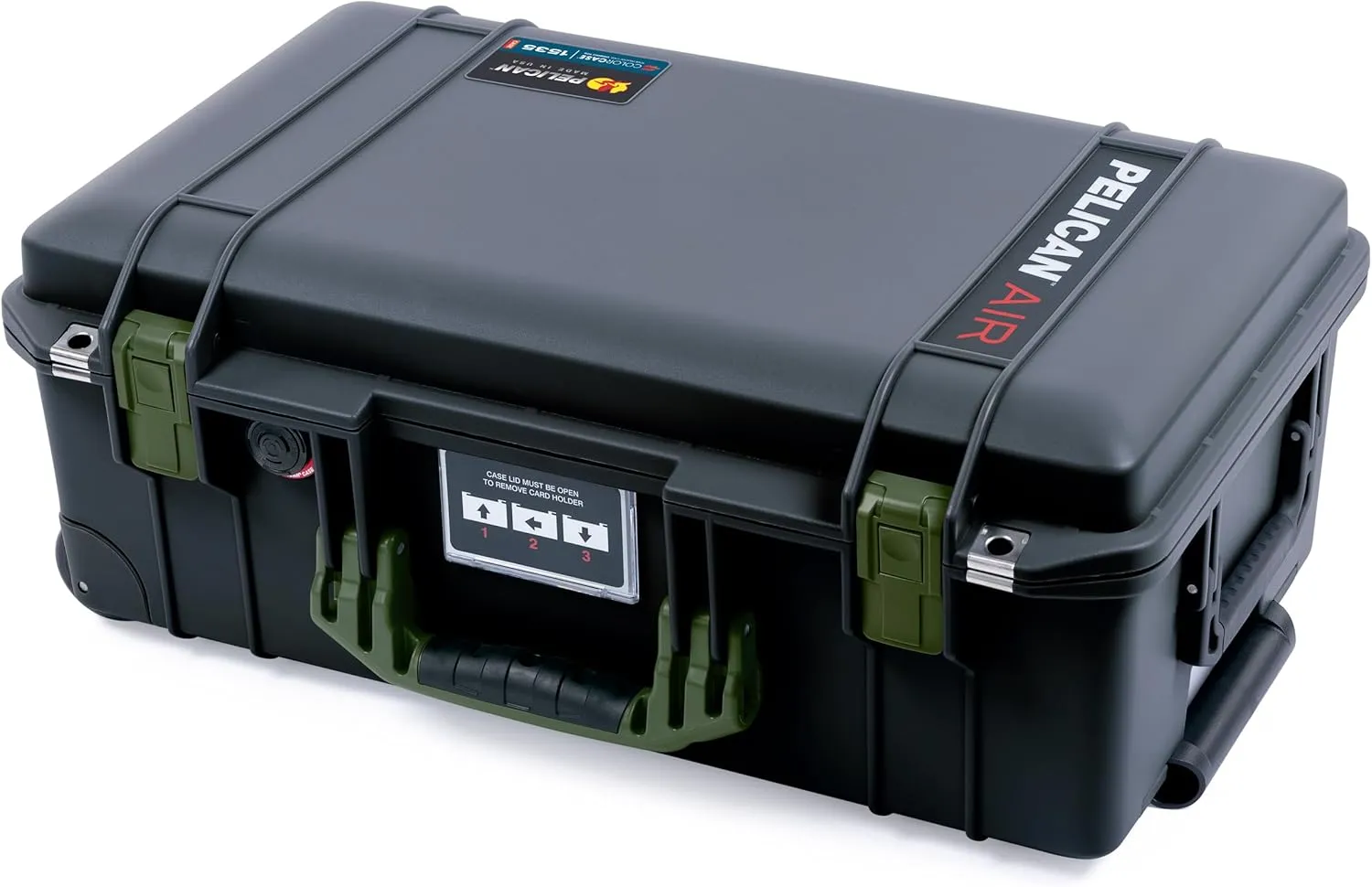 Pelican Air 1535 Carry-on Case by ColorCase - Black - Medium Size Waterproof Case with TrekPak Divider System & Mesh Lid Organizer - OD Green Handles & Latches