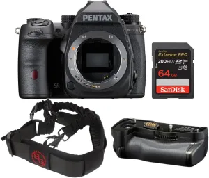 Pentax K-3 Mark III 25MP Monochrome Camera Body with Fast Autofocus DSLR Camera - 4K Video, and High ISO Capability Bundle with Pentax D-BG8 Grip, 64GB Memory Card, and Camera Strap (4 Items)