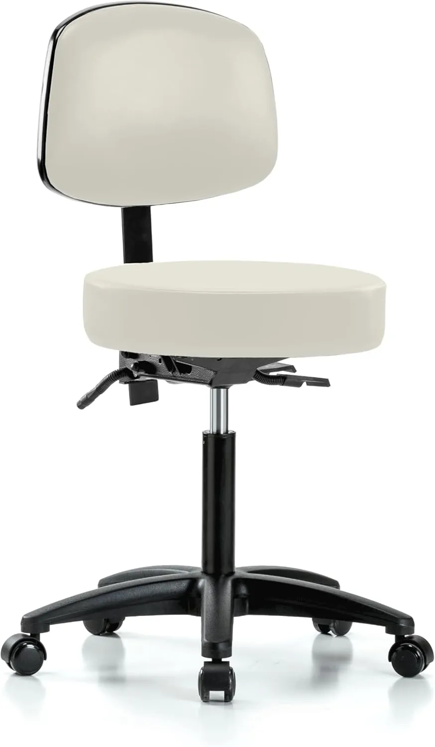 Perch Walter Rolling Height Adjustable Doctor's Stool with Back for Carpet or Linoleum | Workbench Height | 300-Pound Weight Capacity | (Off-White Vinyl)