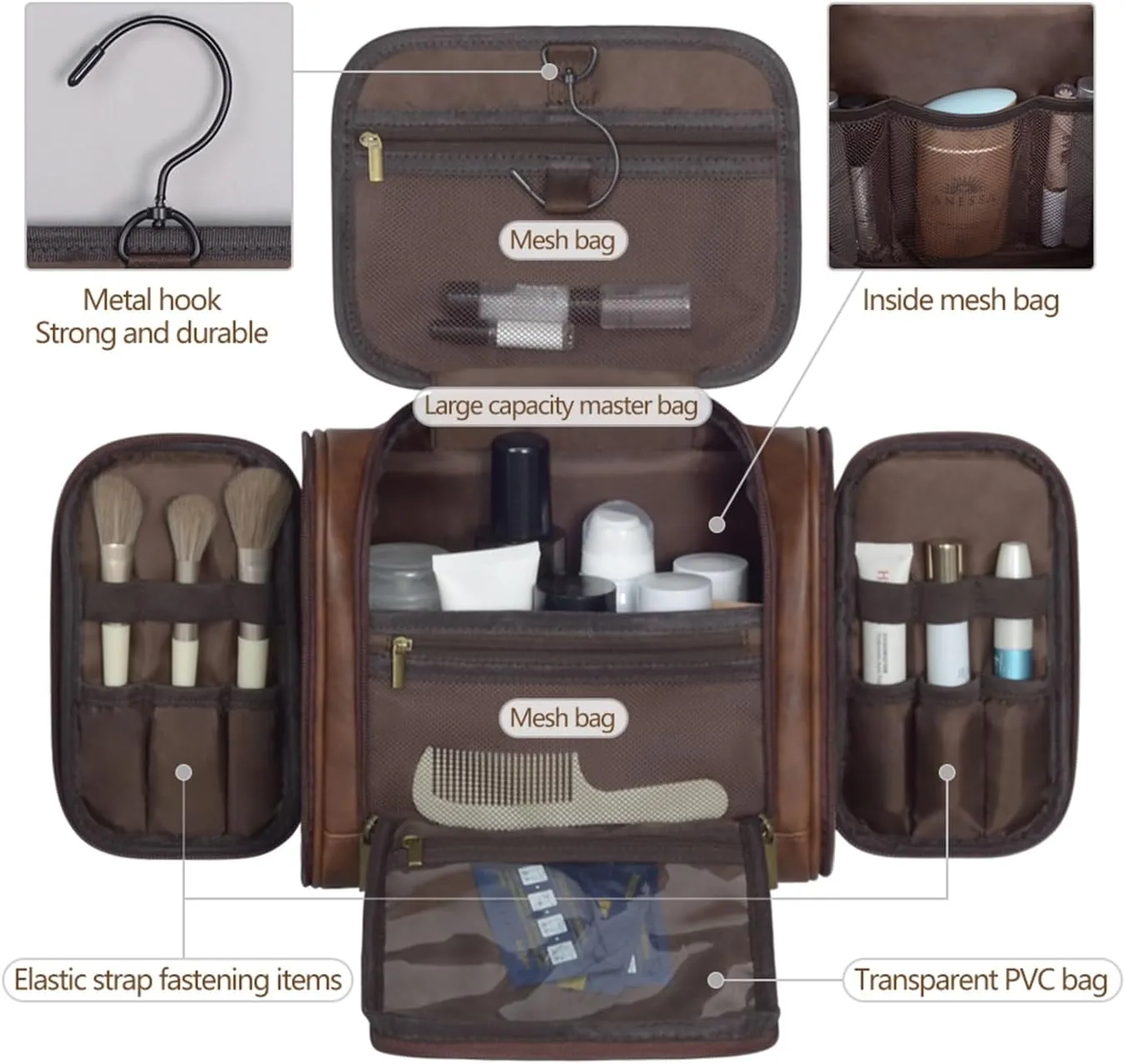 Personalized Leather Toiletry Bag for Women and Men Hanging Makeup Bag Travel Dopp Kit Bathroom Shaving Bags Gift for Fathers Men Boyfriend