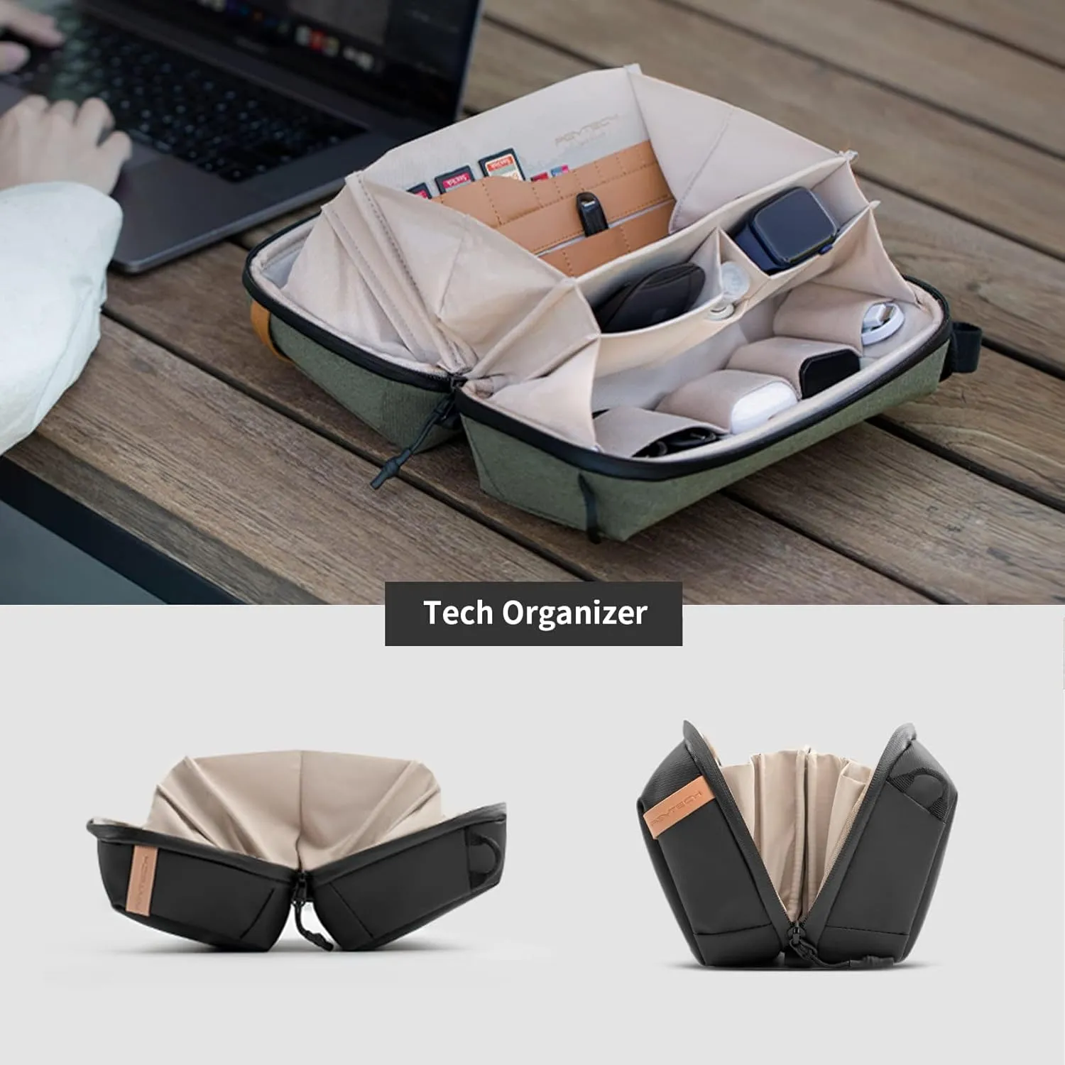 PGYTECH Travel Tech Organizer, Waterproof Tech Pouch, Electronics Accessories Organizer Travel Carrying Case, Organizer Bag for Cables, Cord, Phone Batteries, Charger,Photography SD Card, Green