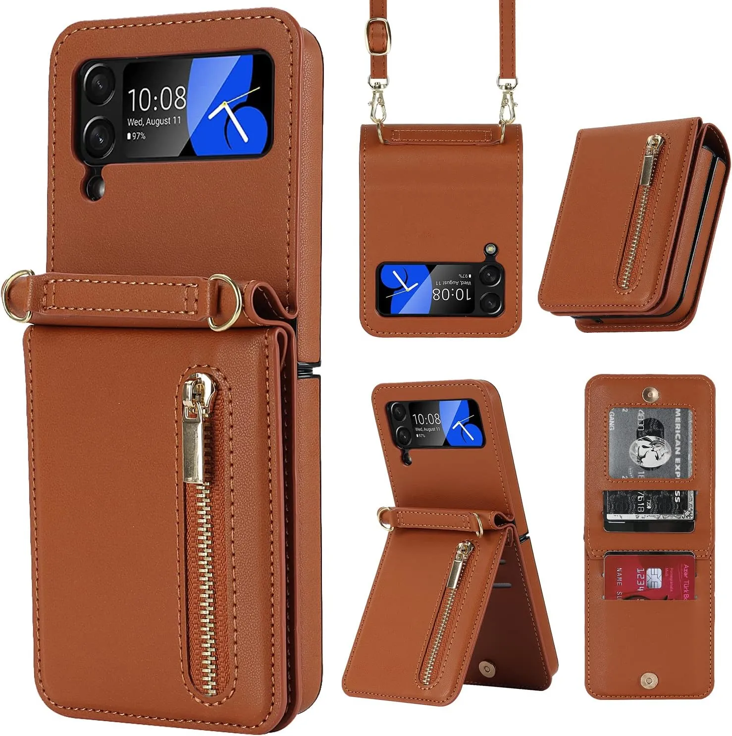 Phone Case for Samsung Galaxy Z Flip 3, Crossbody Wallet Phone Cover with Card Holders Cash Slot Kickstand Wristlet Strap, Fashion Leather Handbag Flip 3 Phone Case for Women Girls (Brown)