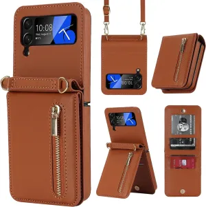 Phone Case for Samsung Galaxy Z Flip 3, Crossbody Wallet Phone Cover with Card Holders Cash Slot Kickstand Wristlet Strap, Fashion Leather Handbag Flip 3 Phone Case for Women Girls (Brown)