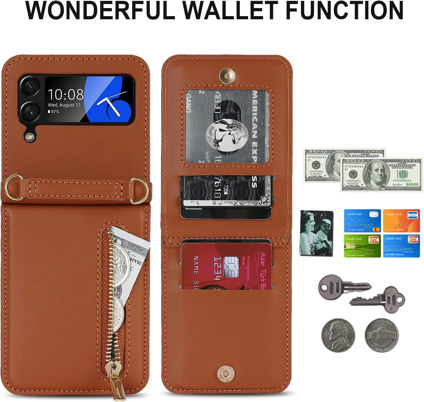 Phone Case for Samsung Galaxy Z Flip 3, Crossbody Wallet Phone Cover with Card Holders Cash Slot Kickstand Wristlet Strap, Fashion Leather Handbag Flip 3 Phone Case for Women Girls (Brown)