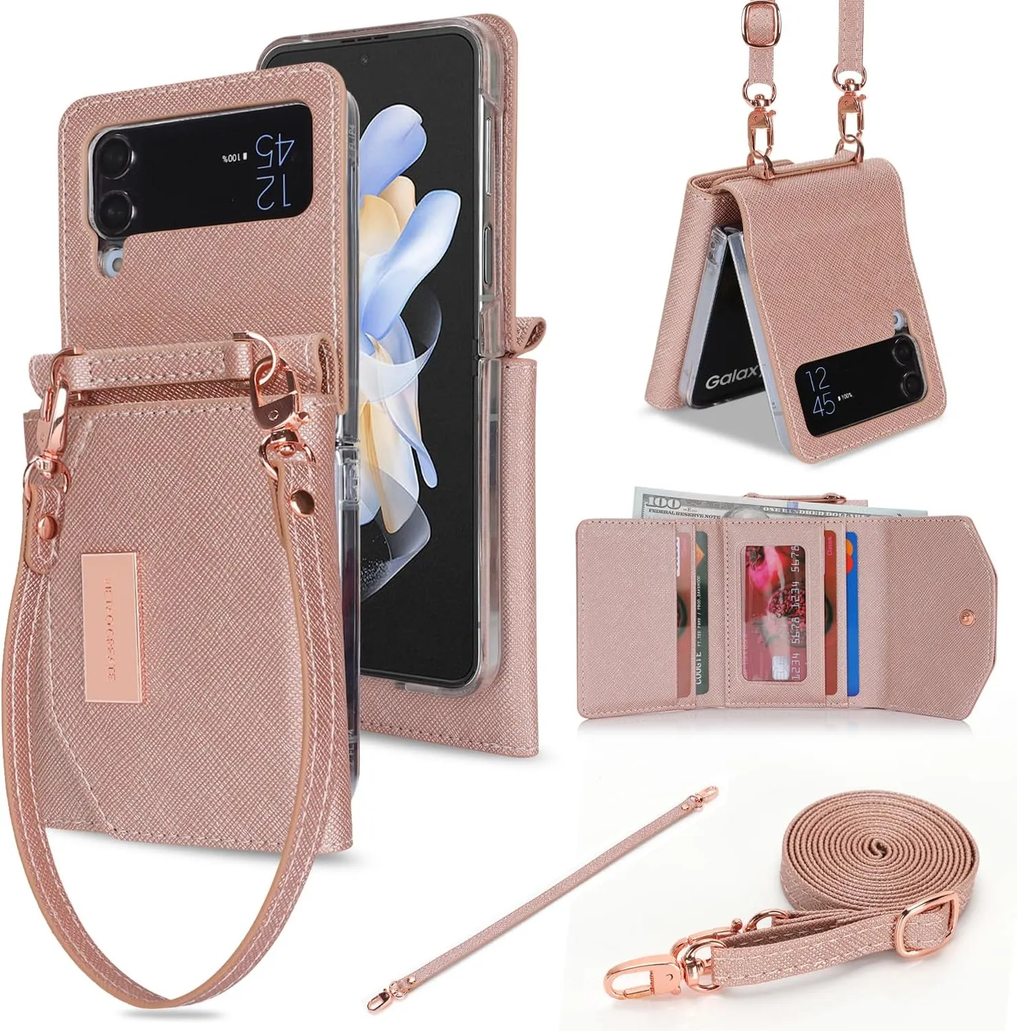 Phone Case for Samsung Galaxy Z Flip 3, Crossbody Wallet Phone Cover with Card Holders Cash Slot Wristlet Strap, Fashion Leather Handbag Flip 3 Phone Case for Women Girls (Rose Gold)