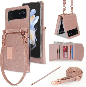 Phone Case for Samsung Galaxy Z Flip 3, Crossbody Wallet Phone Cover with Card Holders Cash Slot Wristlet Strap, Fashion Leather Handbag Flip 3 Phone Case for Women Girls (Rose Gold)