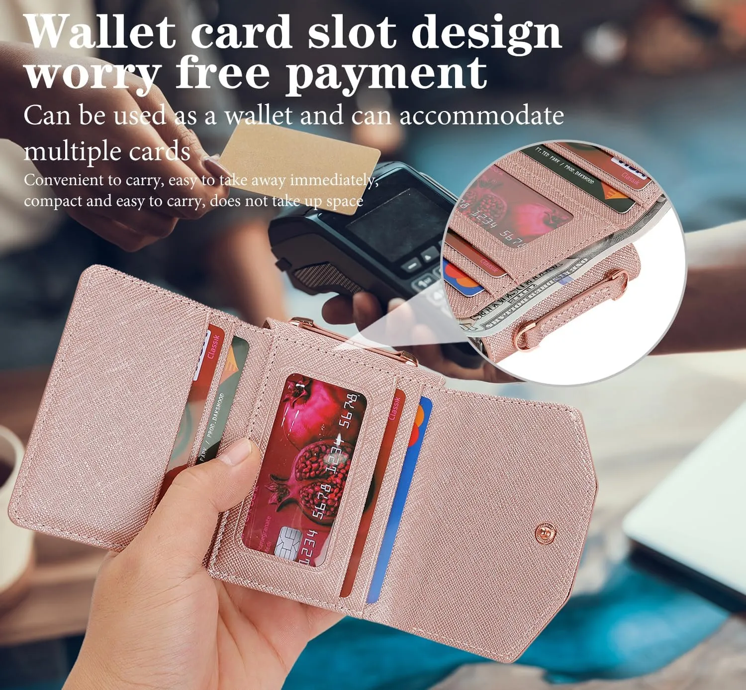 Phone Case for Samsung Galaxy Z Flip 3, Crossbody Wallet Phone Cover with Card Holders Cash Slot Wristlet Strap, Fashion Leather Handbag Flip 3 Phone Case for Women Girls (Rose Gold)