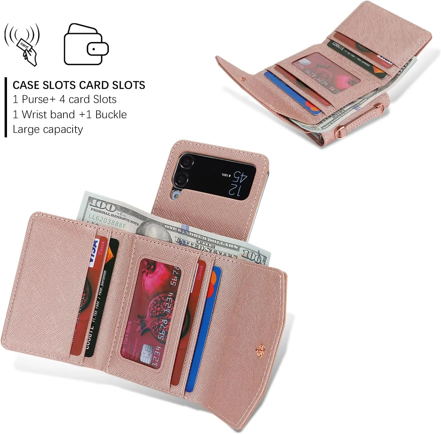 Phone Case for Samsung Galaxy Z Flip 3, Crossbody Wallet Phone Cover with Card Holders Cash Slot Wristlet Strap, Fashion Leather Handbag Flip 3 Phone Case for Women Girls (Rose Gold)