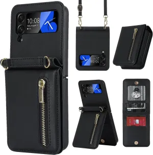 Phone Case for Samsung Galaxy Z Flip 4, Crossbody Wallet Phone Cover with Card Holders Cash Slot Kickstand Wristlet Strap, Fashion Leather Handbag Flip 4 Phone Case for Women Girls (Black)
