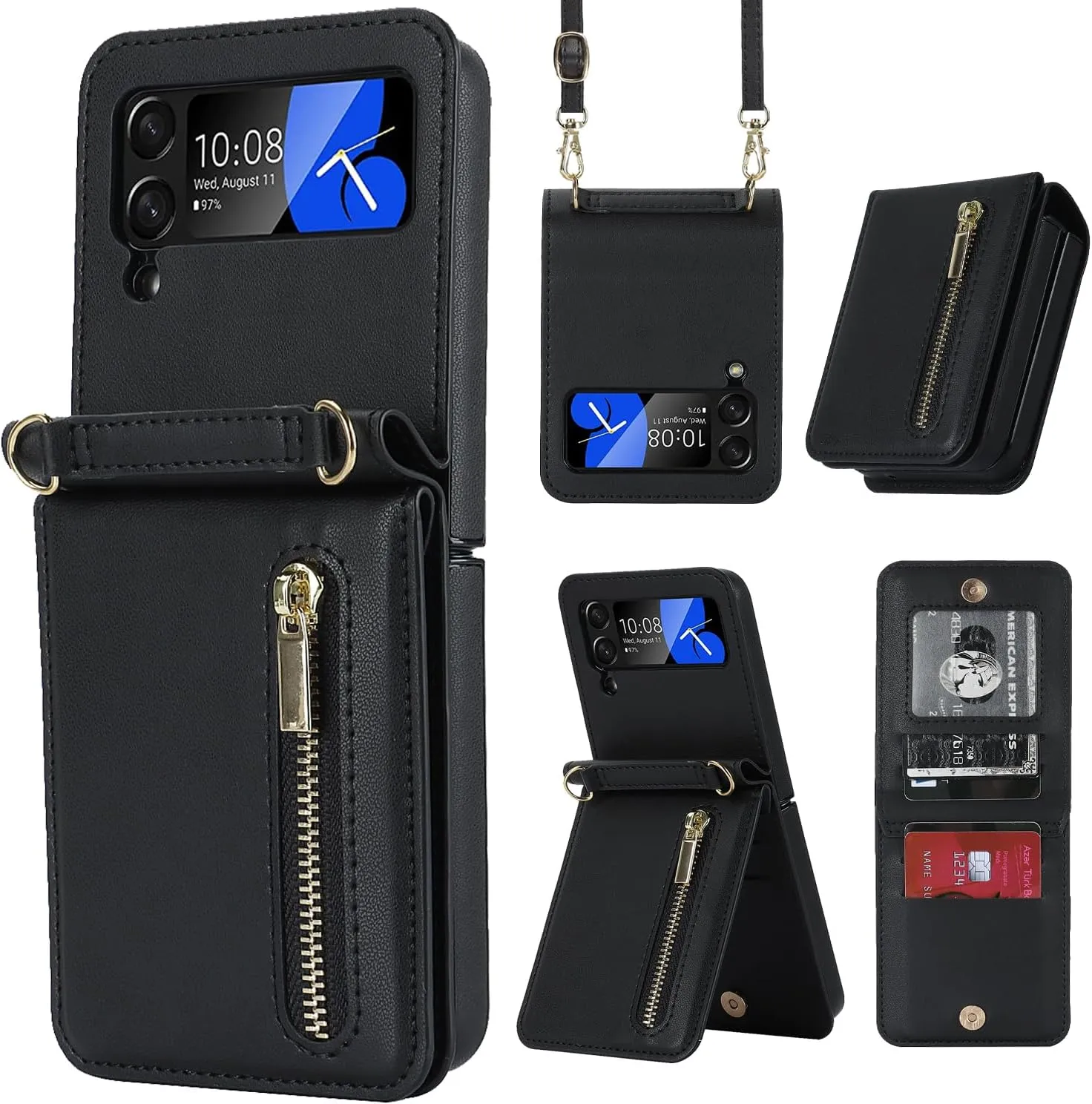 Phone Case for Samsung Galaxy Z Flip 4, Crossbody Wallet Phone Cover with Card Holders Cash Slot Kickstand Wristlet Strap, Fashion Leather Handbag Flip 4 Phone Case for Women Girls (Black)