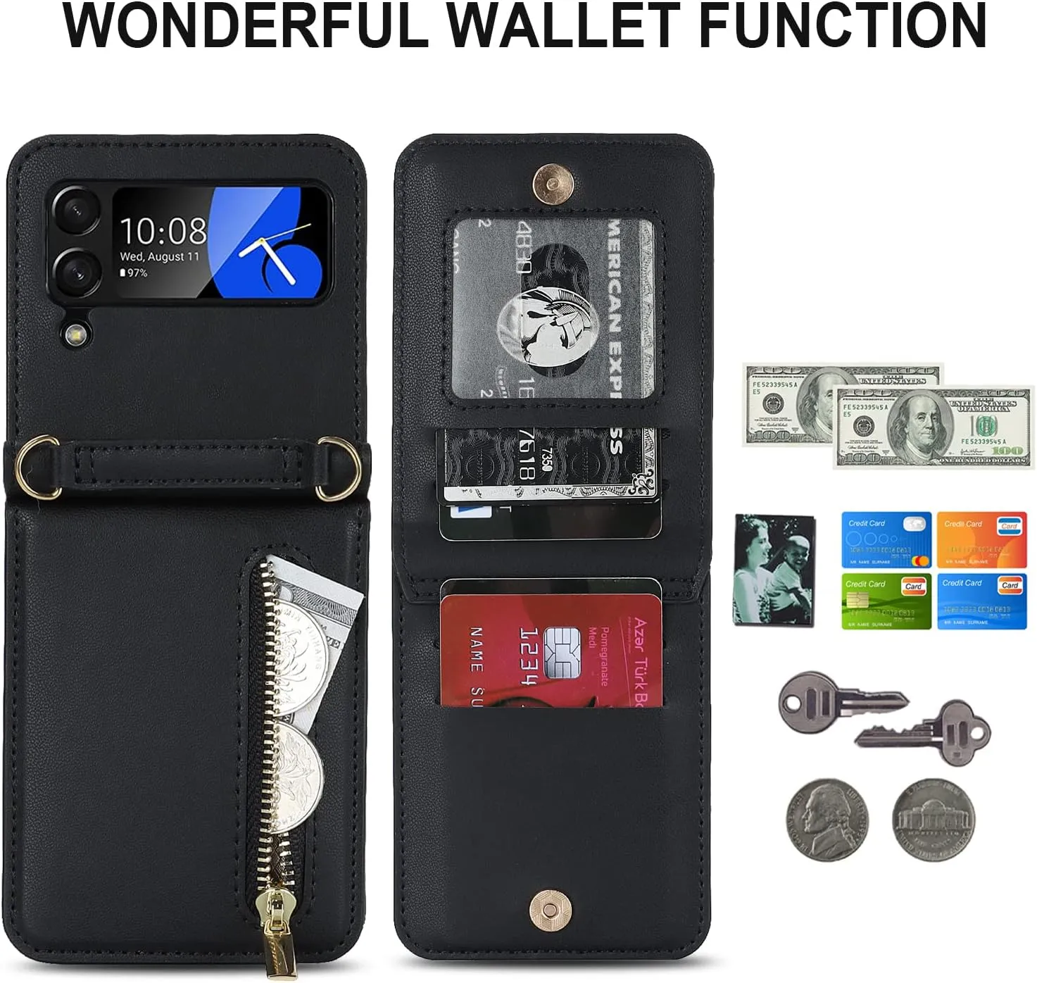 Phone Case for Samsung Galaxy Z Flip 4, Crossbody Wallet Phone Cover with Card Holders Cash Slot Kickstand Wristlet Strap, Fashion Leather Handbag Flip 4 Phone Case for Women Girls (Black)