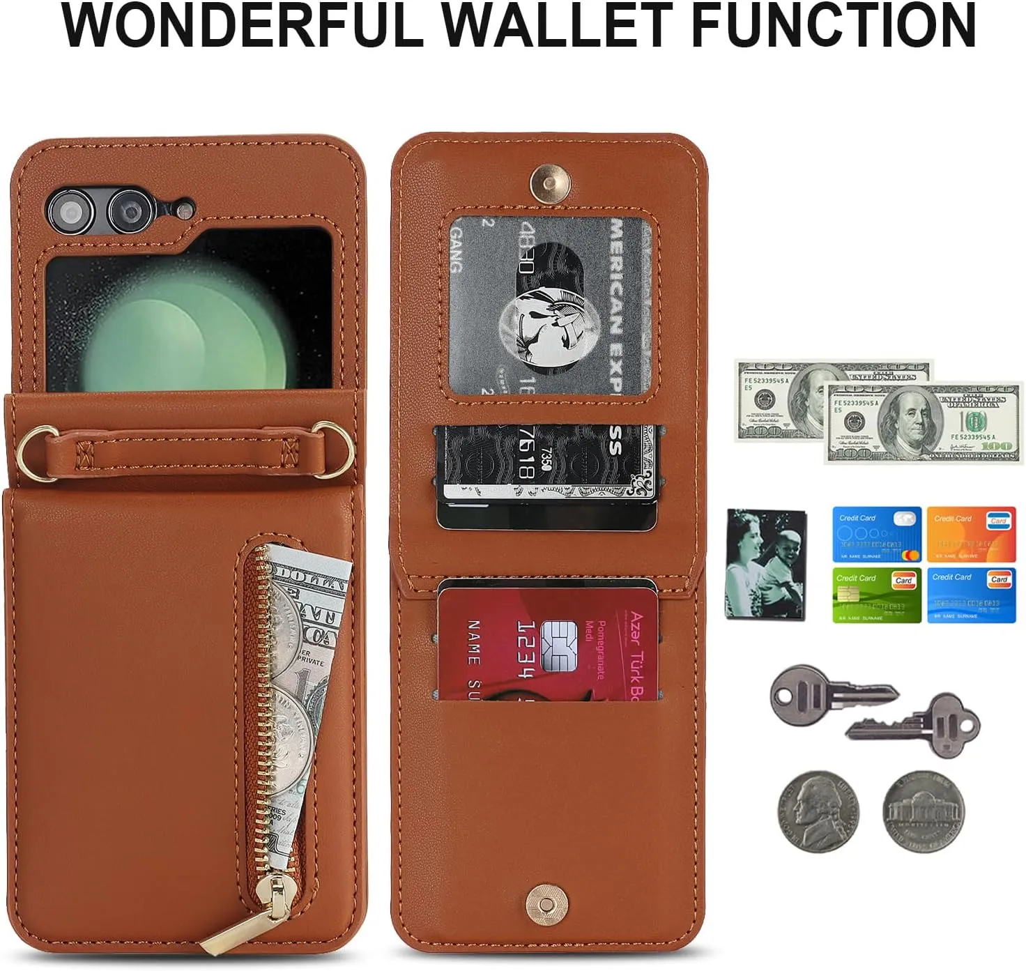 Phone Case for Samsung Galaxy Z Flip 5, Crossbody Wallet Phone Cover with Card Holders Cash Slot Kickstand Wristlet Strap, Fashion Leather Handbag Flip 5 Phone Case for Women Girls (Brown)