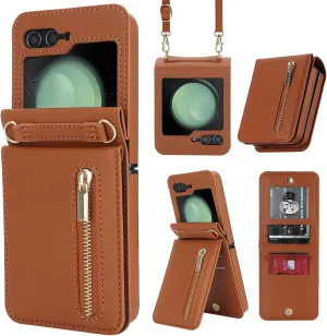 Phone Case for Samsung Galaxy Z Flip 5, Crossbody Wallet Phone Cover with Card Holders Cash Slot Kickstand Wristlet Strap, Fashion Leather Handbag Flip 5 Phone Case for Women Girls (Brown)