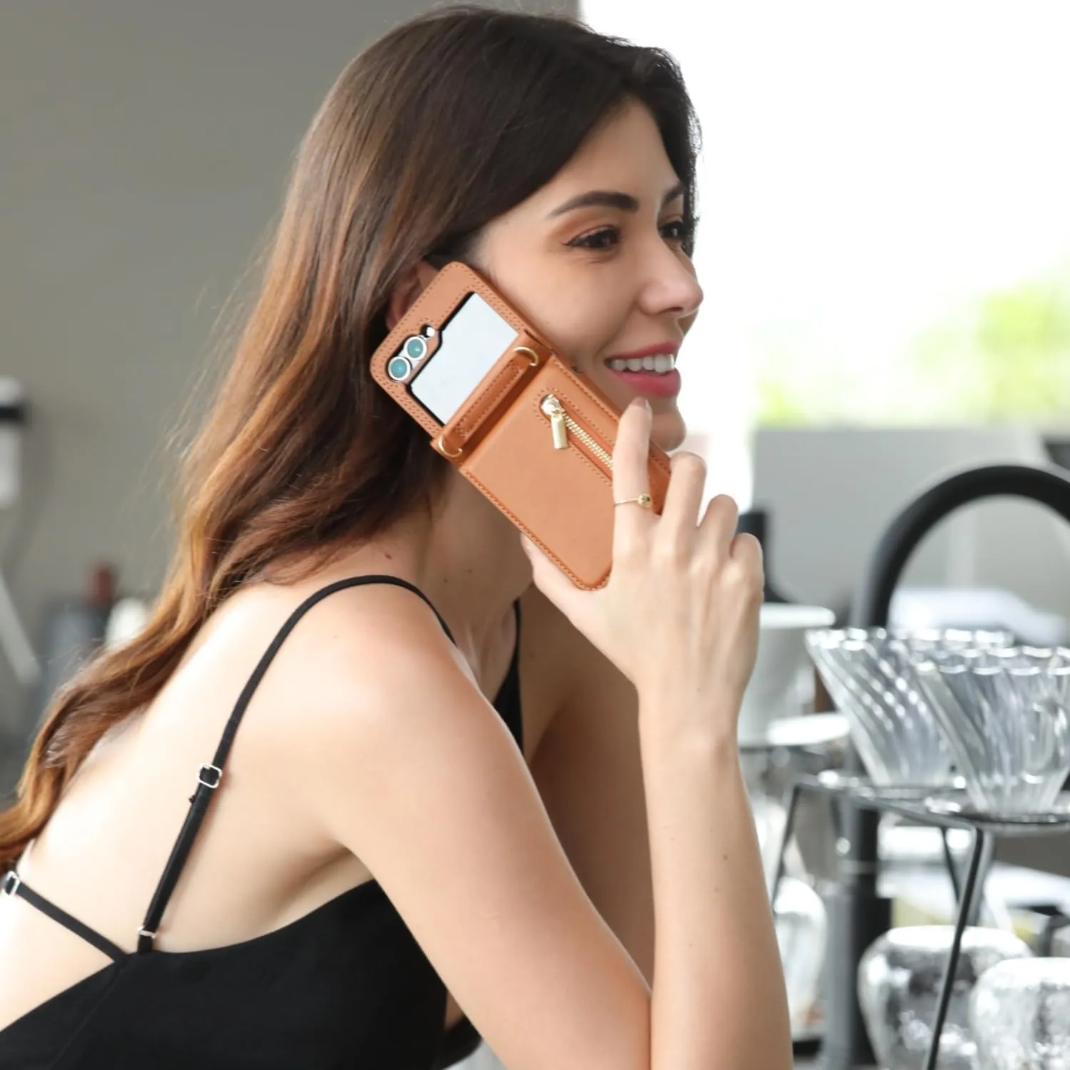 Phone Case for Samsung Galaxy Z Flip 5, Crossbody Wallet Phone Cover with Card Holders Cash Slot Kickstand Wristlet Strap, Fashion Leather Handbag Flip 5 Phone Case for Women Girls (Brown)