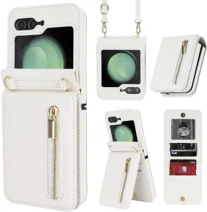 Phone Case for Samsung Galaxy Z Flip 5, Crossbody Wallet Phone Cover with Card Holders Cash Slot Kickstand Wristlet Strap, Fashion Leather Handbag Flip 5 Phone Case for Women Girls (White)