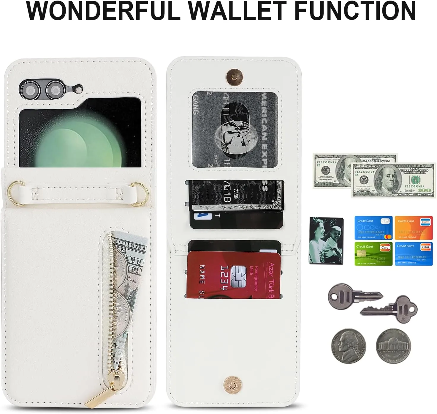 Phone Case for Samsung Galaxy Z Flip 5, Crossbody Wallet Phone Cover with Card Holders Cash Slot Kickstand Wristlet Strap, Fashion Leather Handbag Flip 5 Phone Case for Women Girls (White)