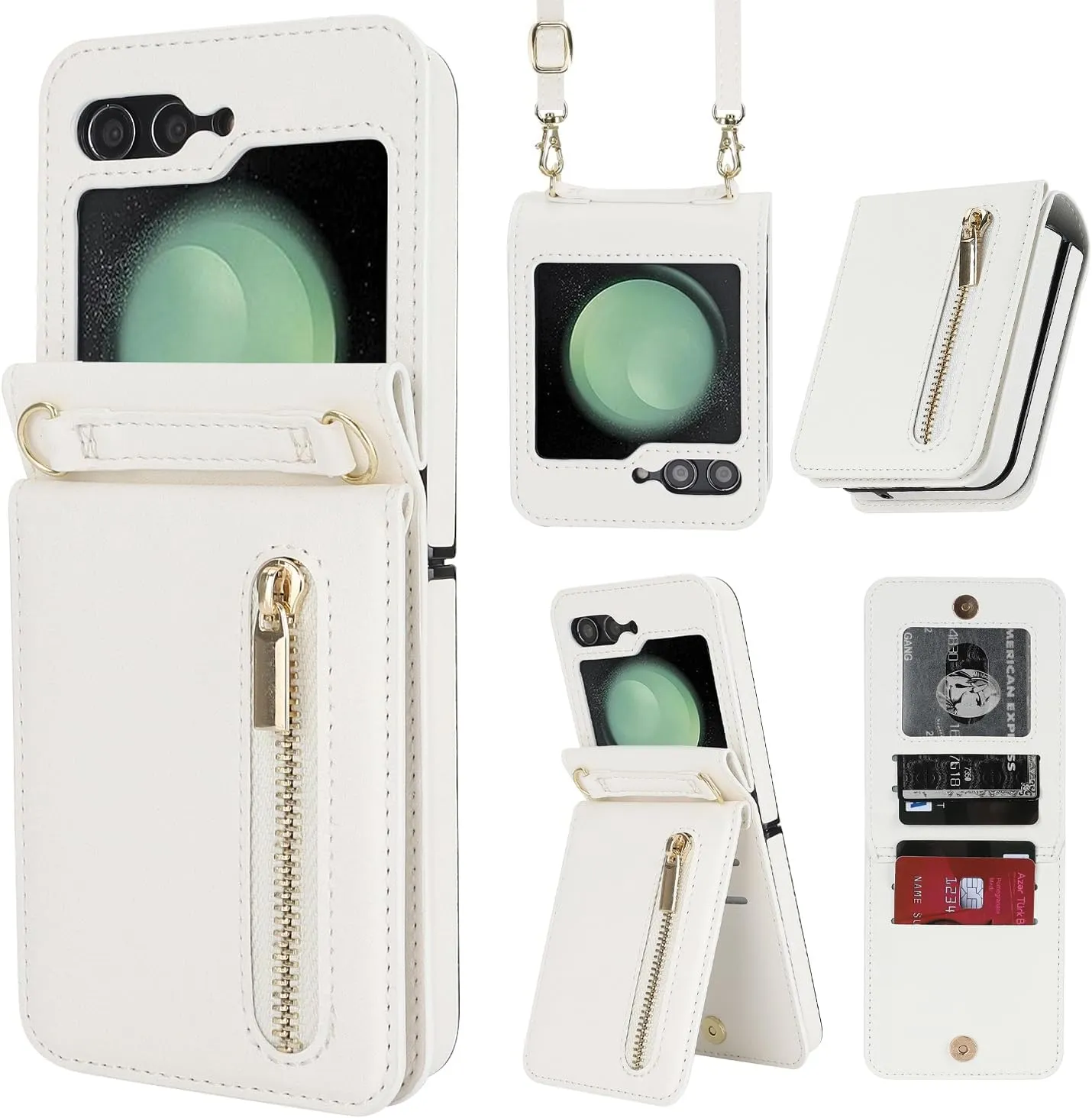 Phone Case for Samsung Galaxy Z Flip 5, Crossbody Wallet Phone Cover with Card Holders Cash Slot Kickstand Wristlet Strap, Fashion Leather Handbag Flip 5 Phone Case for Women Girls (White)