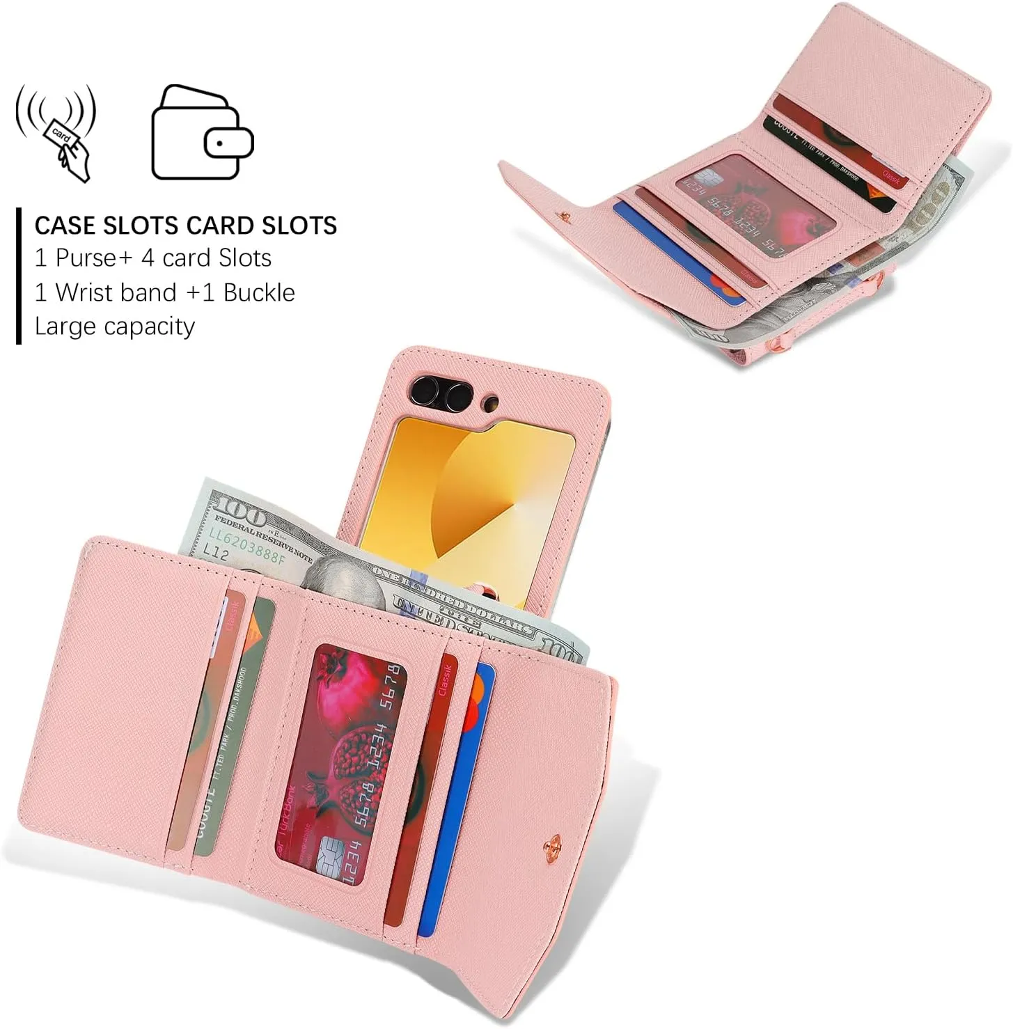 Phone Case for Samsung Galaxy Z Flip 6, Crossbody Wallet Phone Cover with Card Holders Cash Slot Wristlet Strap, Fashion Leather Handbag Flip 6 Phone Case for Women Girls (Pink)