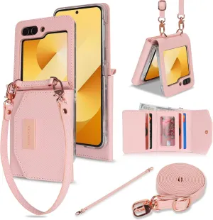 Phone Case for Samsung Galaxy Z Flip 6, Crossbody Wallet Phone Cover with Card Holders Cash Slot Wristlet Strap, Fashion Leather Handbag Flip 6 Phone Case for Women Girls (Pink)