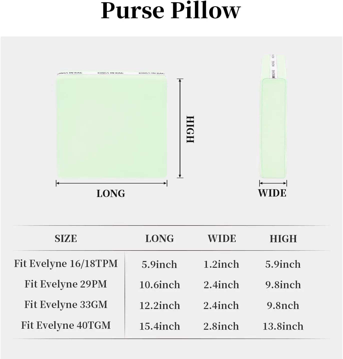 Pillow Inserts for Evelyne TPM, Purse Pillow Compatible with Evelyne 16, Soft Memory Foam Pillow to Keep Shape without Overfull (VertFizz, EvelyneTPM)