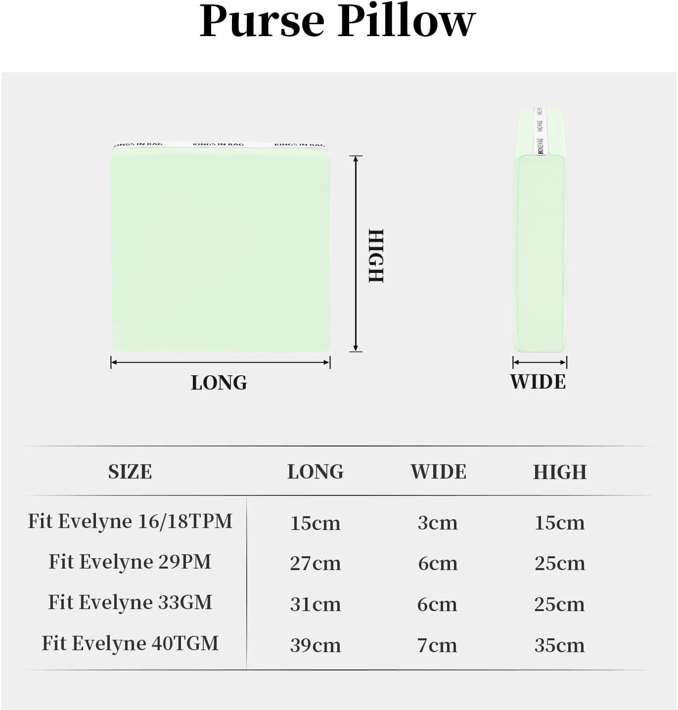 Pillow Inserts for Evelyne TPM, Purse Pillow Compatible with Evelyne 16, Soft Memory Foam Pillow to Keep Shape without Overfull (VertFizz, EvelyneTPM)