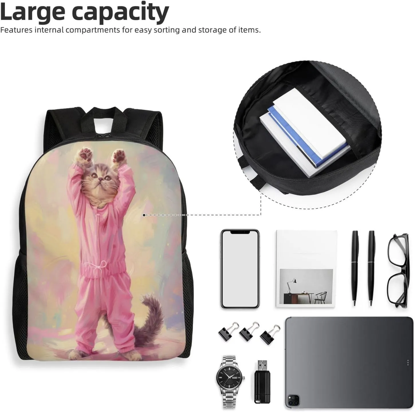 Pink Cat Backpack Waterproof Anti Theft Durable Light Laptop Bag Backpacks For Women Men Travel Gym Backpack