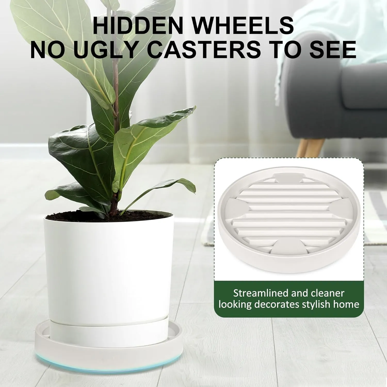 Plant Caddy with Hidden Wheels, 4 Invisible Caters, Rolling Plants Stand with Wheel Dolly, Wheeled Planter Roller Base, Indoor Pots Holder Tray Plants Pallet, 12Inch, Beige, 2Pack