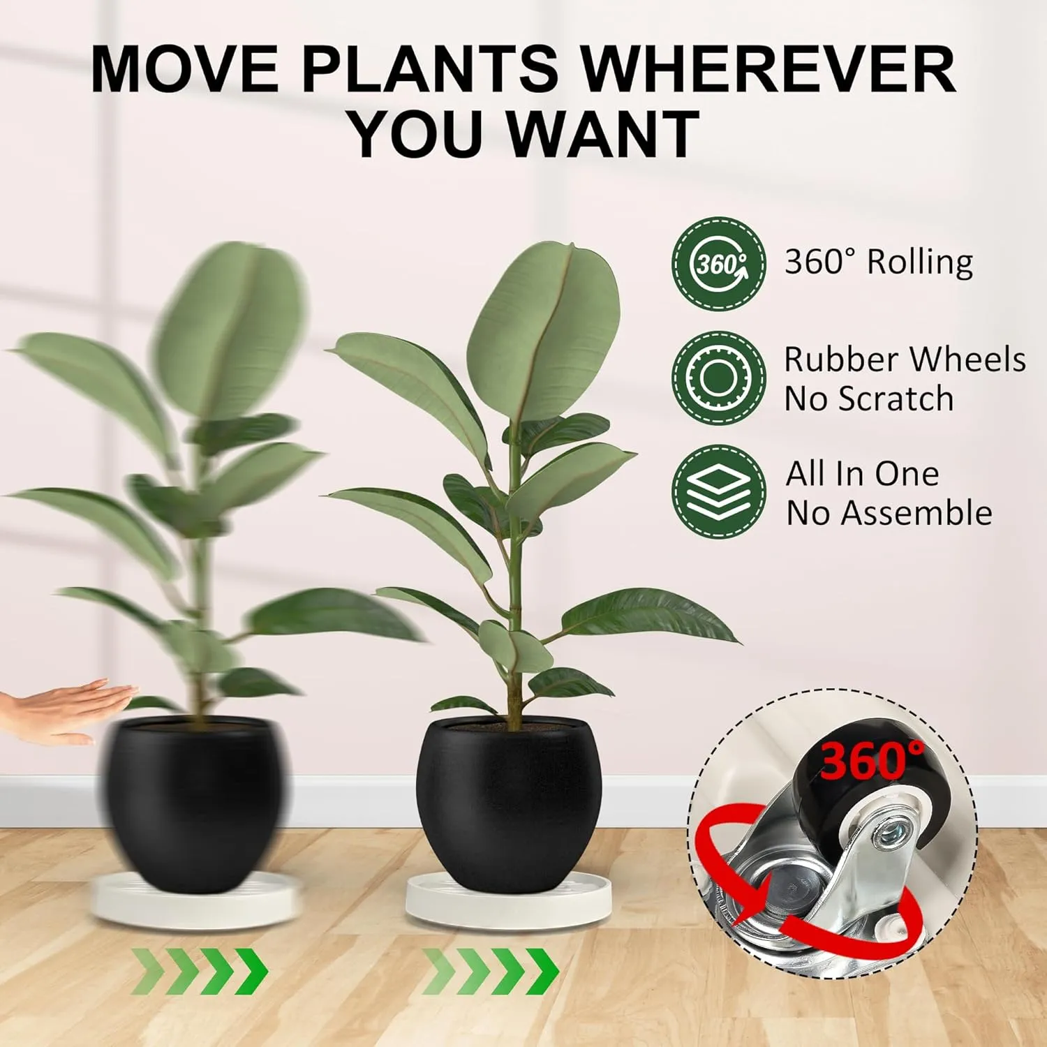 Plant Caddy with Hidden Wheels, 4 Invisible Caters, Rolling Plants Stand with Wheel Dolly, Wheeled Planter Roller Base, Indoor Pots Holder Tray Plants Pallet, 12Inch, Beige, 2Pack
