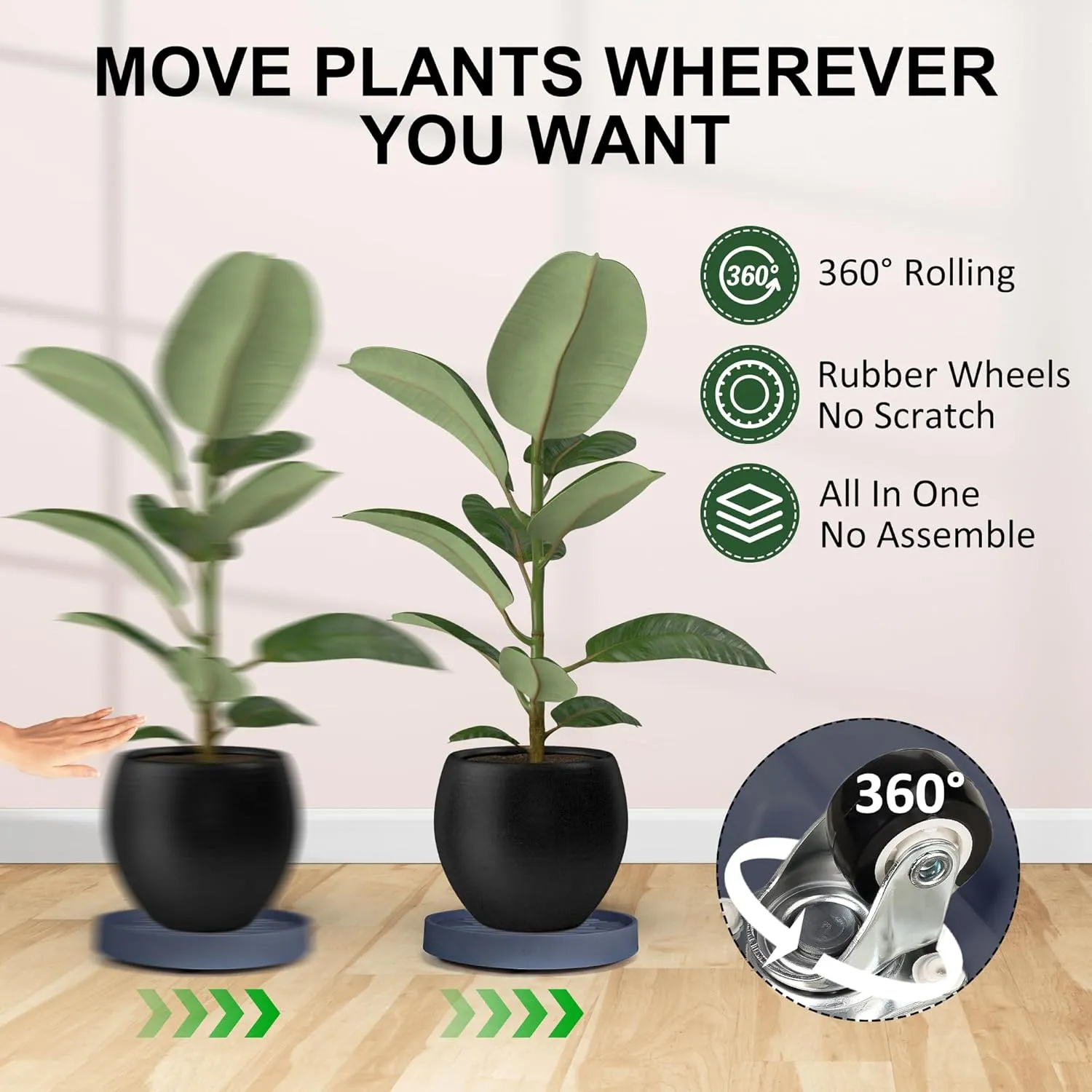 Plant Caddy with Hidden Wheels, 4 Invisible Caters, Rolling Plants Stand with Wheel Dolly, Wheeled Planter Roller Base, Indoor Pots Holder Tray Plants Pallet, 12Inch, Grey, 2Pack
