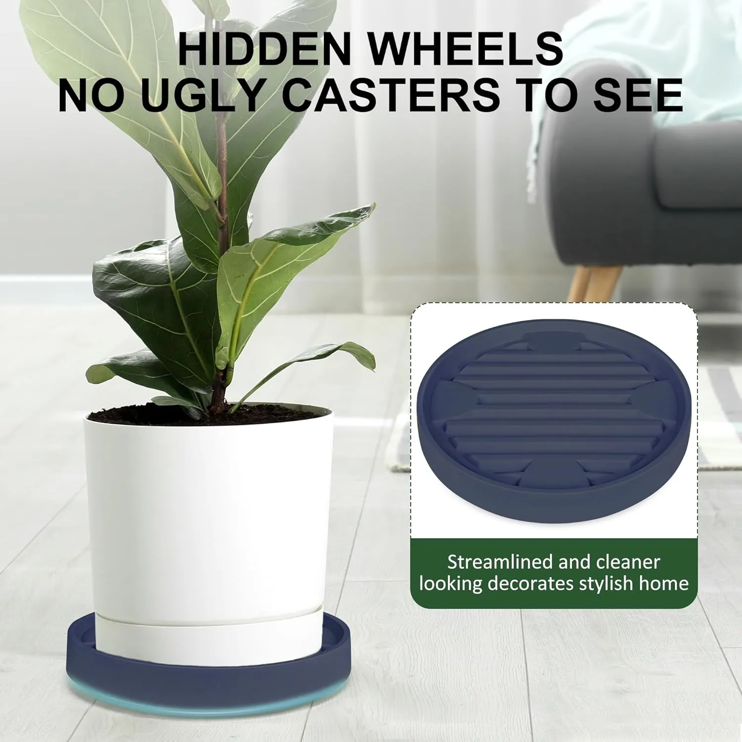 Plant Caddy with Hidden Wheels, 4 Invisible Caters, Rolling Plants Stand with Wheel Dolly, Wheeled Planter Roller Base, Indoor Pots Holder Tray Plants Pallet, 12Inch, Grey, 2Pack