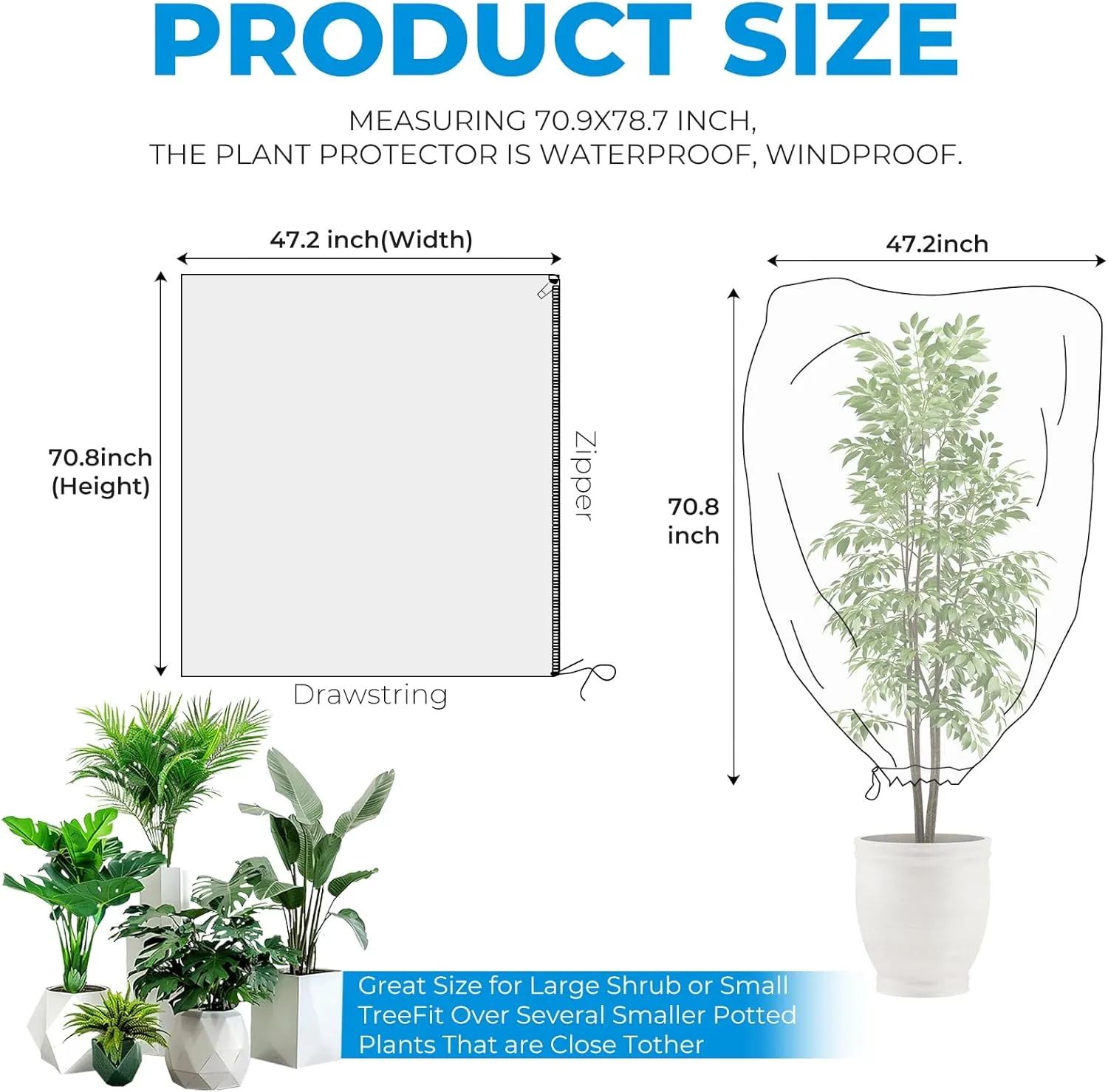 Plant Protection Frost Covers, 3 Pack Reusable Freeze Protection Bags with Drawstring and Zipper, Winter Heavy-Duty Outdoor Protector Blankets for Trees Shrubs(47.2'' x 70.8',White)