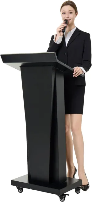 Podium Stand Portable with 4 Locking Wheels, Heavy Duty Metal Lecterns and Podiums for Conference Church Office School Home Events, Large Storage Area, Slant Desktop, 50.4" H - Black