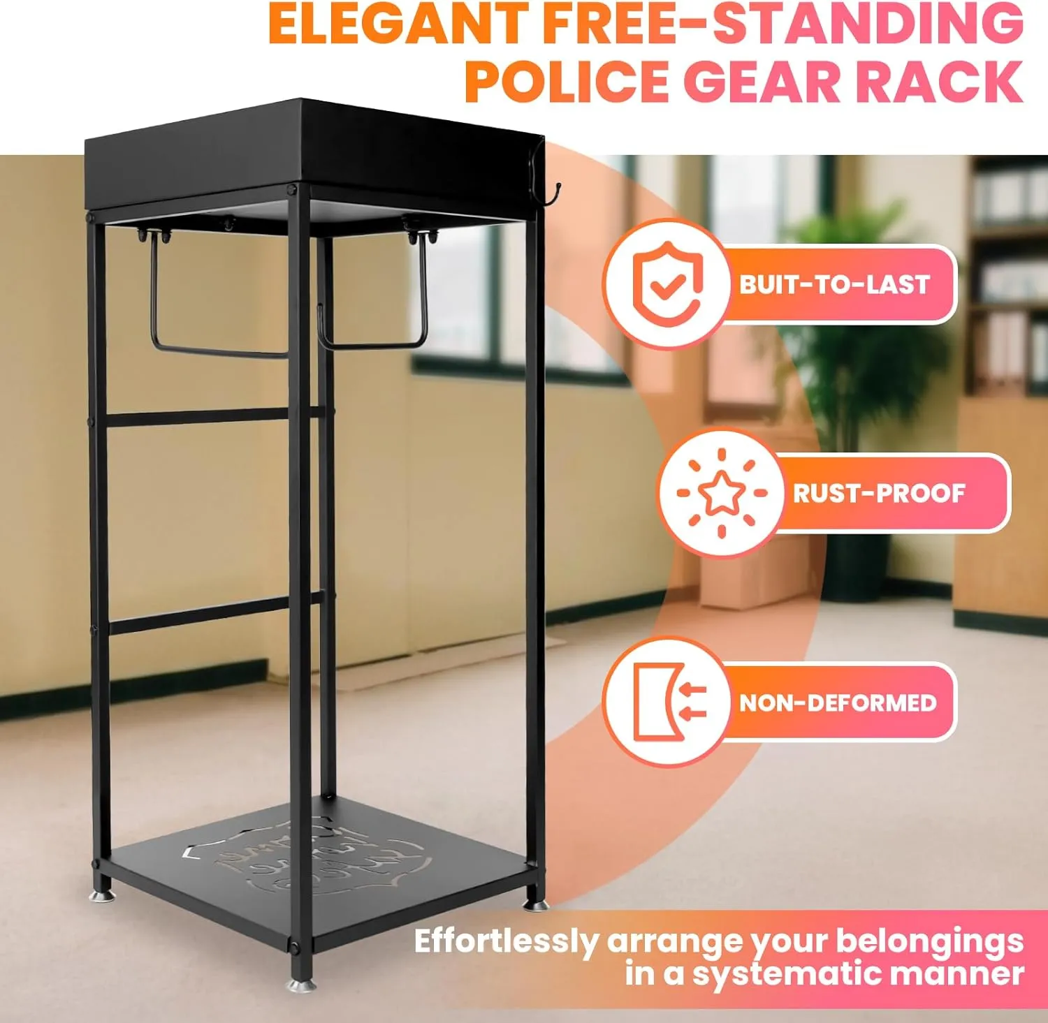 Police Gear Stand, Police Hanger, Tactical Duty Gear Rack with 3 Hooks, Free-Standing All Iron Frame Police Gift Decor with Flag, Police Academy Graduation Gifts, Black (Floor Standing)