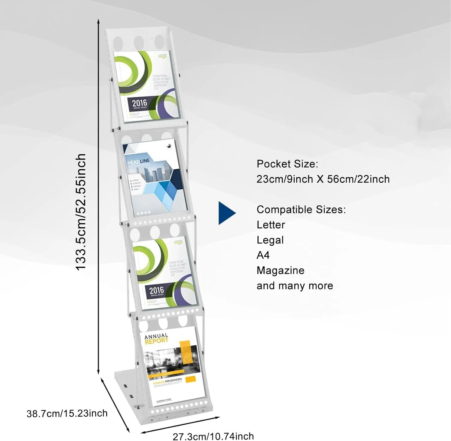 Polmart 4-Tier Brochure Stand Heavy Literature Display Magazine Rack with Adjustable Pockets. Portable Collapsible Design with Carry Bag for Trade Shows, Offices, Retail Stores (White)