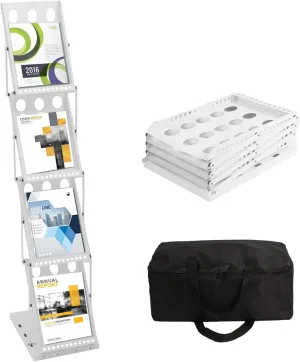 Polmart 4-Tier Brochure Stand Heavy Literature Display Magazine Rack with Adjustable Pockets. Portable Collapsible Design with Carry Bag for Trade Shows, Offices, Retail Stores (White)