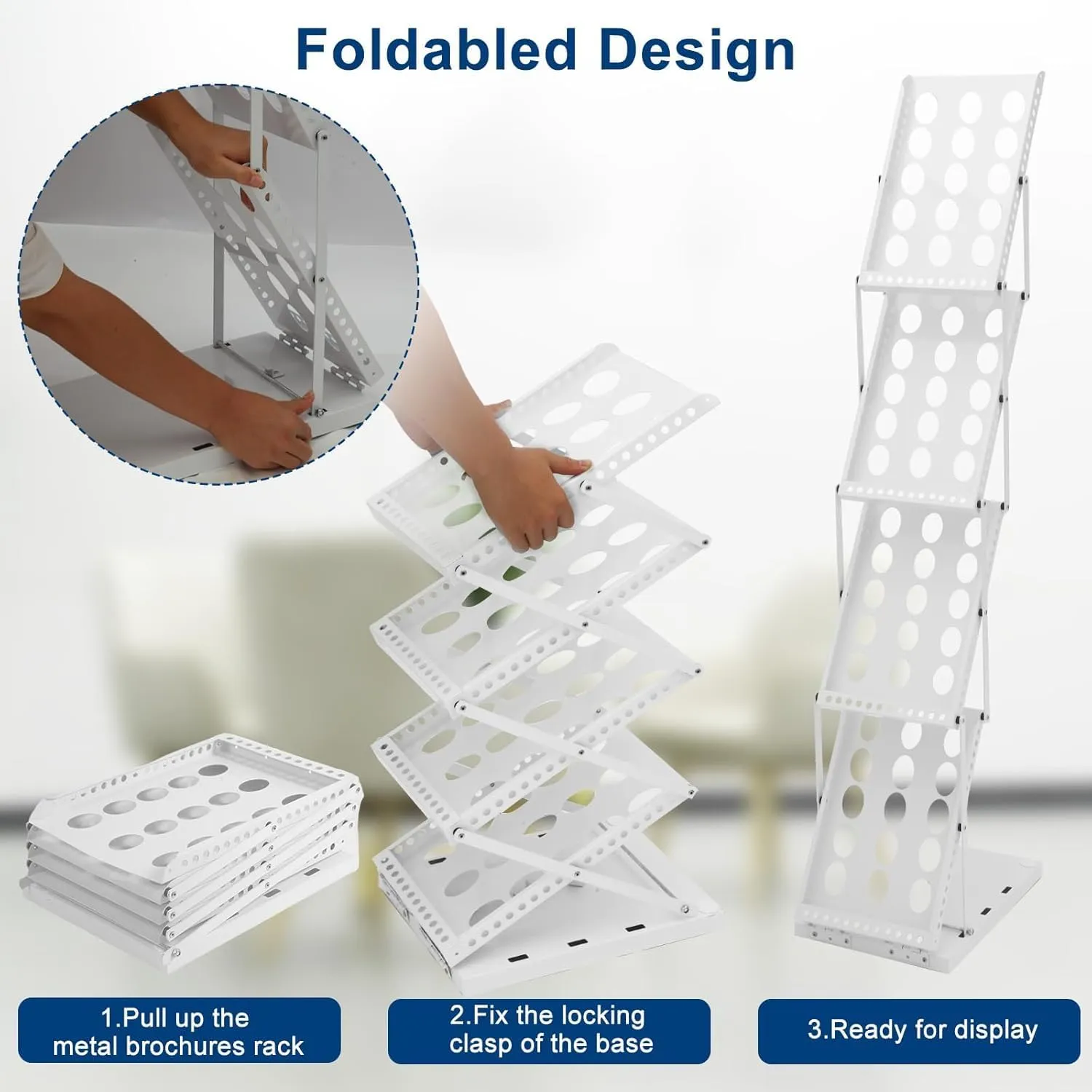 Polmart 4-Tier Brochure Stand Heavy Literature Display Magazine Rack with Adjustable Pockets. Portable Collapsible Design with Carry Bag for Trade Shows, Offices, Retail Stores (White)