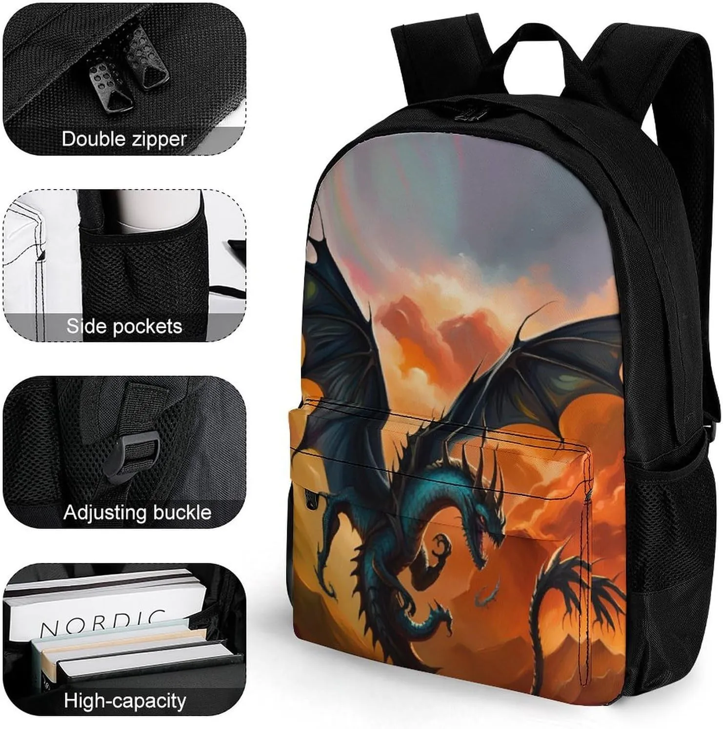 Polyester Daypack Backpack for Trekking Picnic Walking Cycling - Large Capacity Anti-Theft Multipurpose Shoulder Bag, Fantasy Dragon Fire Cool Art Casual Daypack